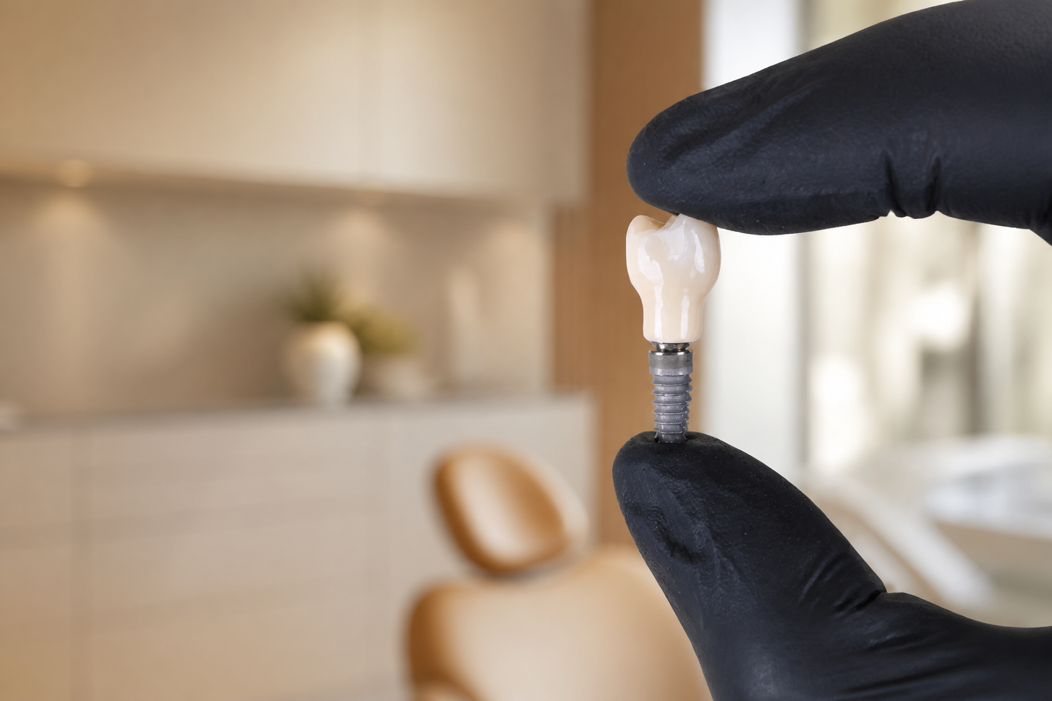 Implante dentário com coroa em ambiente clínico
